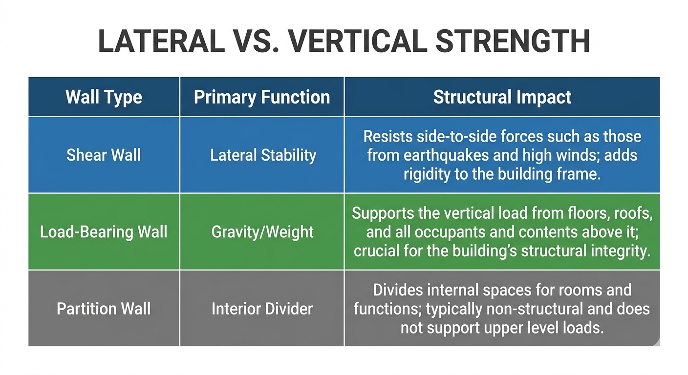 Shear Walls Explained - How They Stabilize Soft-Story Buildings 4 A clean comparison table showing the primary functions and structural impacts of different wall types.