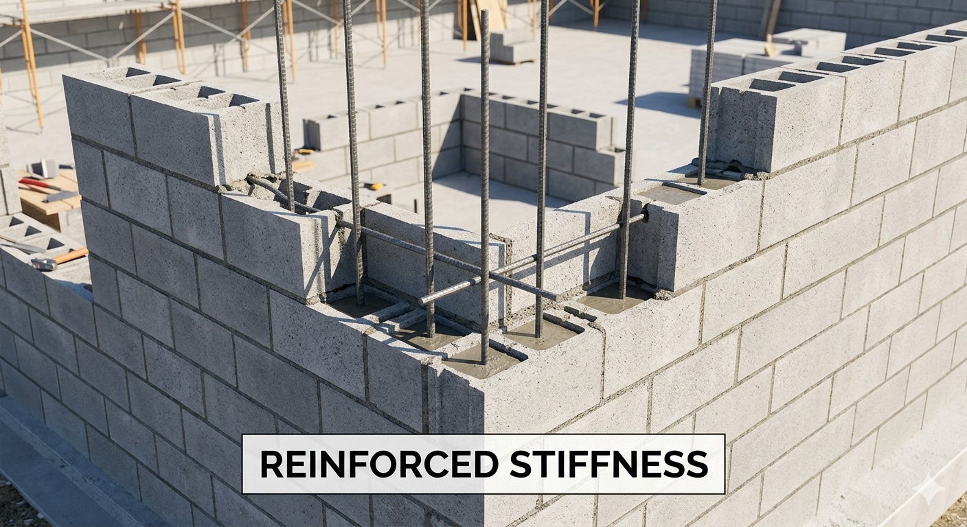 Shear Walls Explained - How They Stabilize Soft-Story Buildings 5 Technical detail of a reinforced concrete block wall showing vertical steel rebar and horizontal bond beams for seismic resistance.