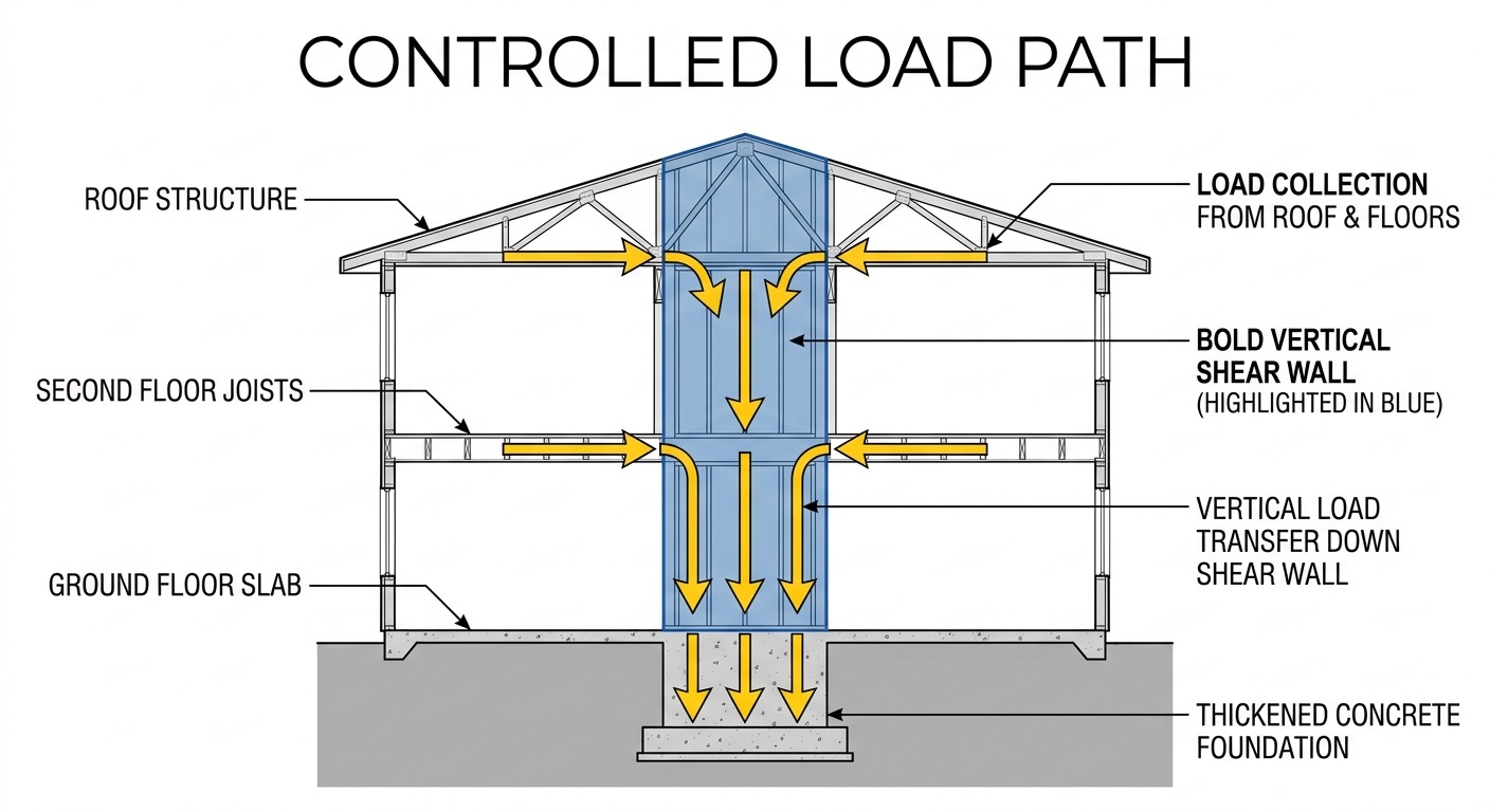 Shear Walls Explained - How They Stabilize Soft-Story Buildings 3 Structural cross-section of a building showing arrows tracing the path of lateral force from the roof down through shear walls to the foundation.
