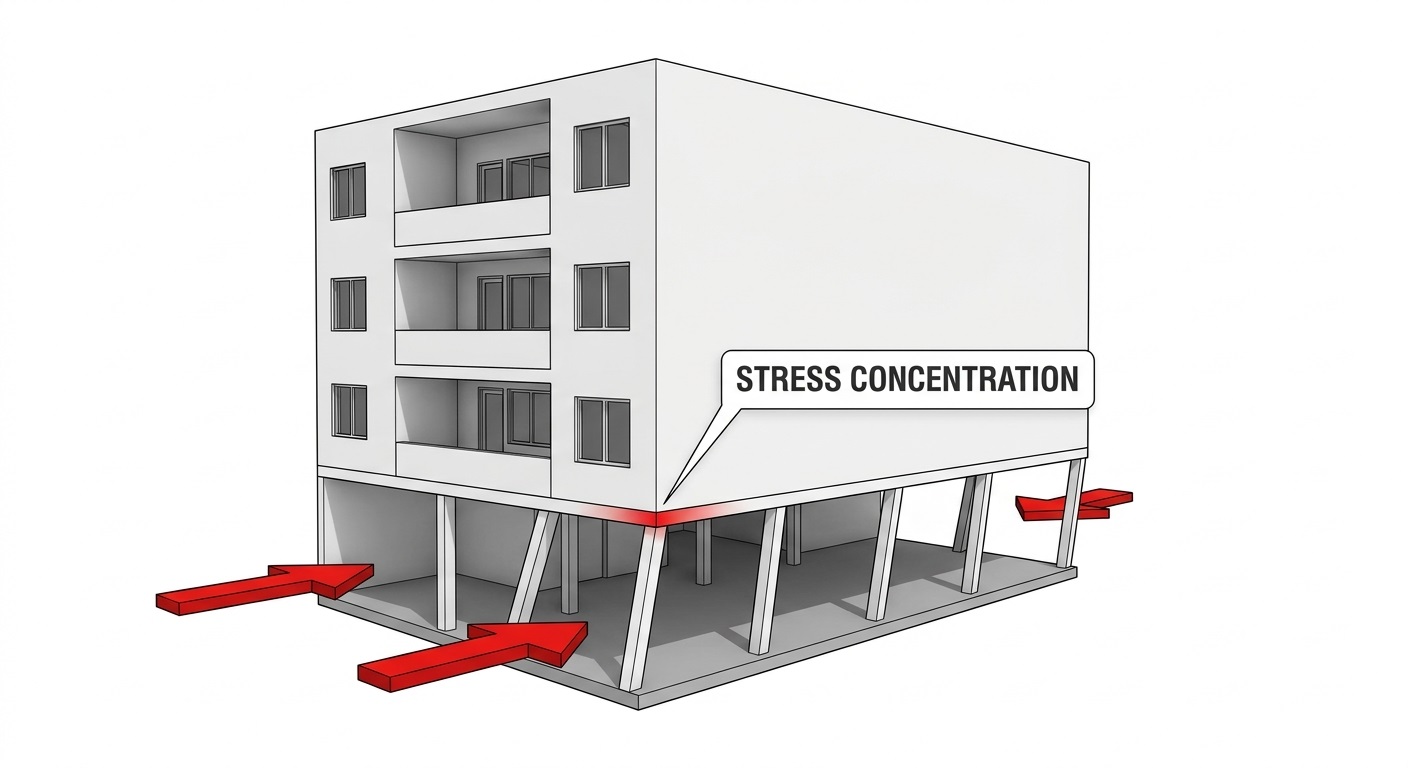 Shear Walls Explained - How They Stabilize Soft-Story Buildings 2 Architectural diagram showing a rigid upper building structure shifting over a flexible open-air ground floor parking level.