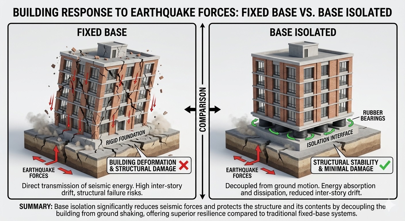 Structural Retrofitting Types and Techniques for Concrete Buildings 4 Diagram comparing a standard fixed-base building with a base-isolated building during seismic activity.