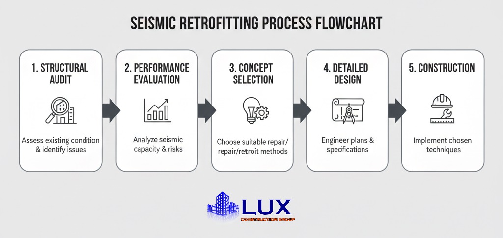 Structural Retrofitting Types and Techniques for Concrete Buildings 5 Flowchart illustrating the sequential steps of a structural retrofitting project from assessment to completion.