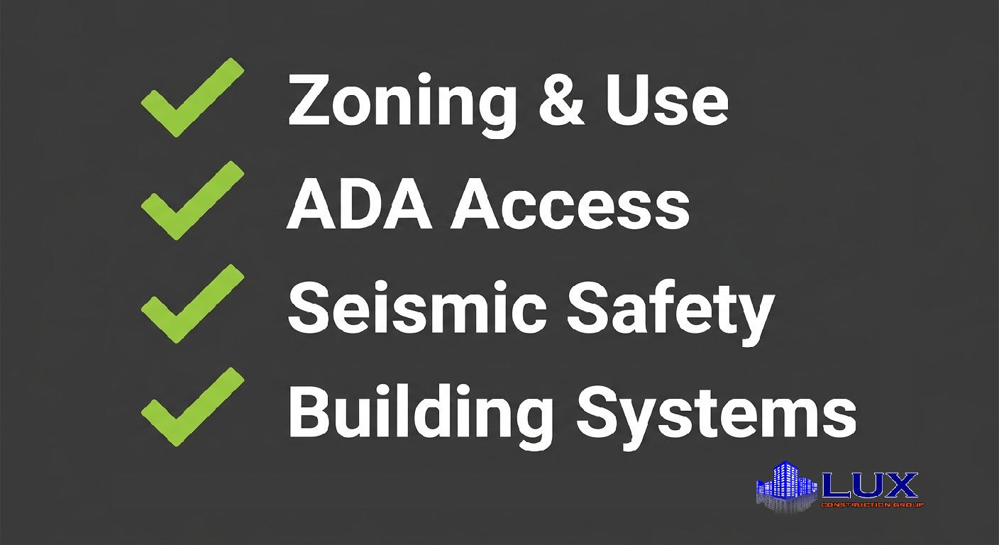 13 Types of Commercial Construction - Examples & Planning Tips 5 Graphic checklist of zoning, ADA access, seismic conditions, and fire safety for commercial properties.