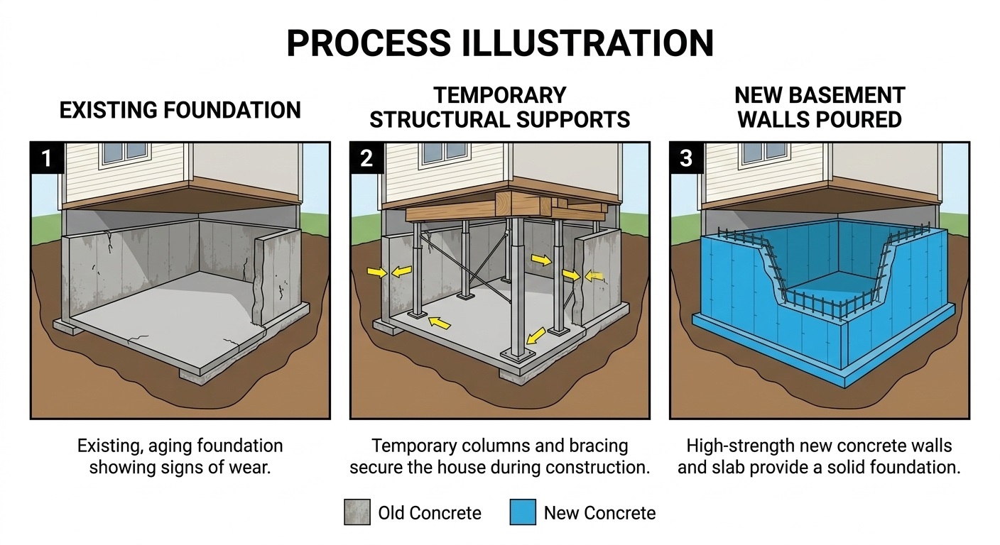 Basement Construction in Los Angeles: Laws, Costs & Timeline 4 Illustration of the underpinning process for adding a basement to an existing home.