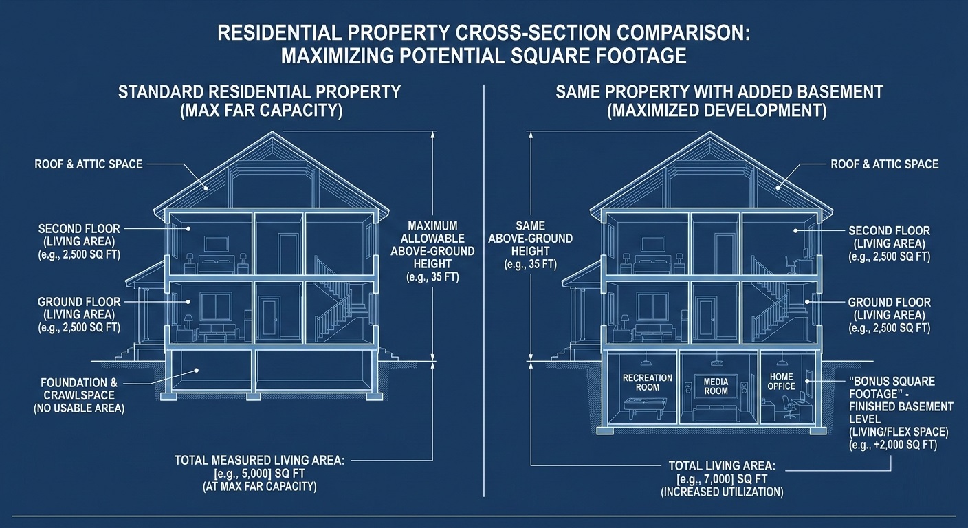Basement Construction in Los Angeles: Laws, Costs & Timeline 2 Diagram comparing above-ground floor area limits with underground basement space in Los Angeles zoning.