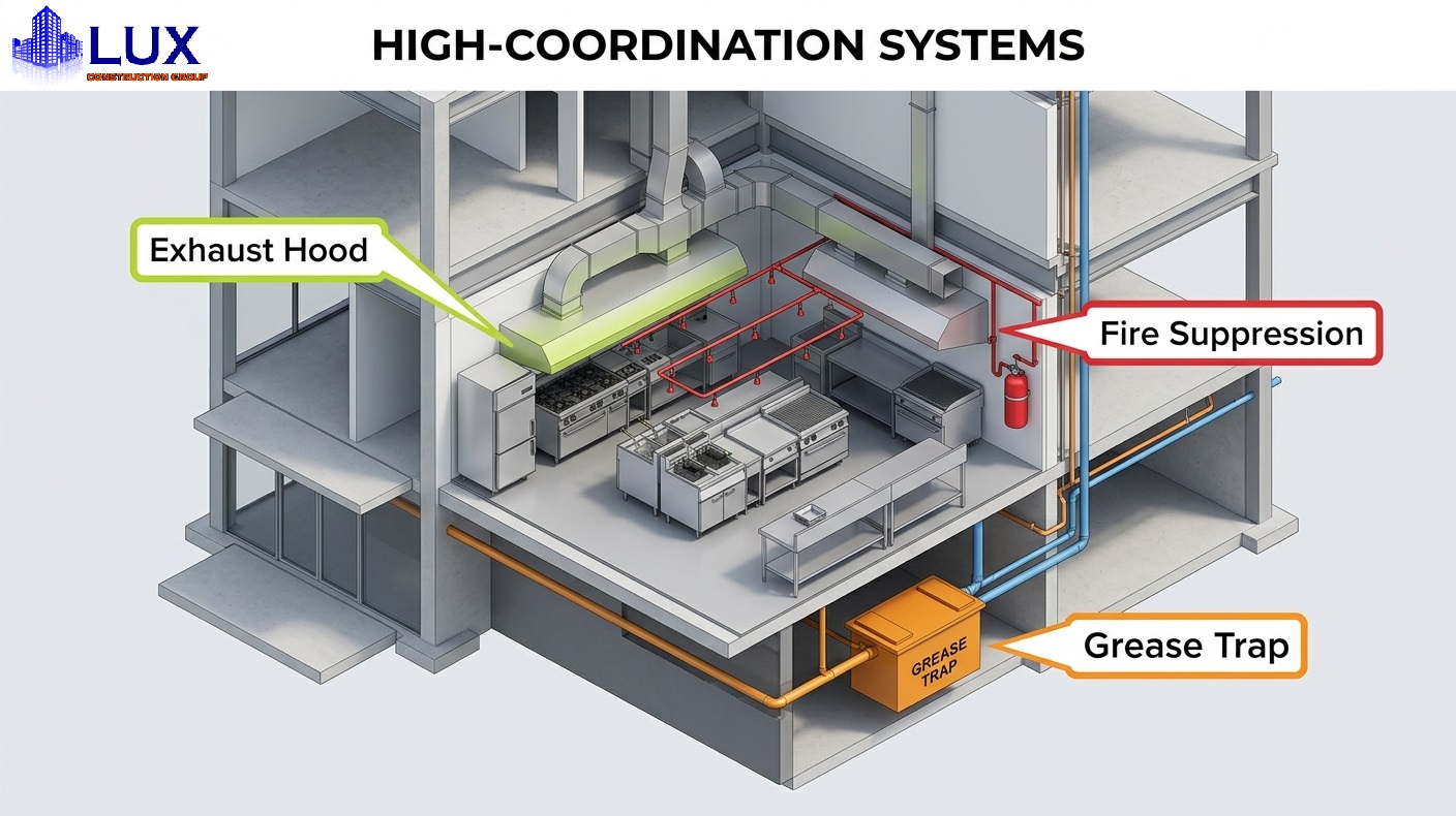 13 Types of Commercial Construction - Examples & Planning Tips 4 3D diagram of a commercial kitchen highlighting grease management and ventilation systems.