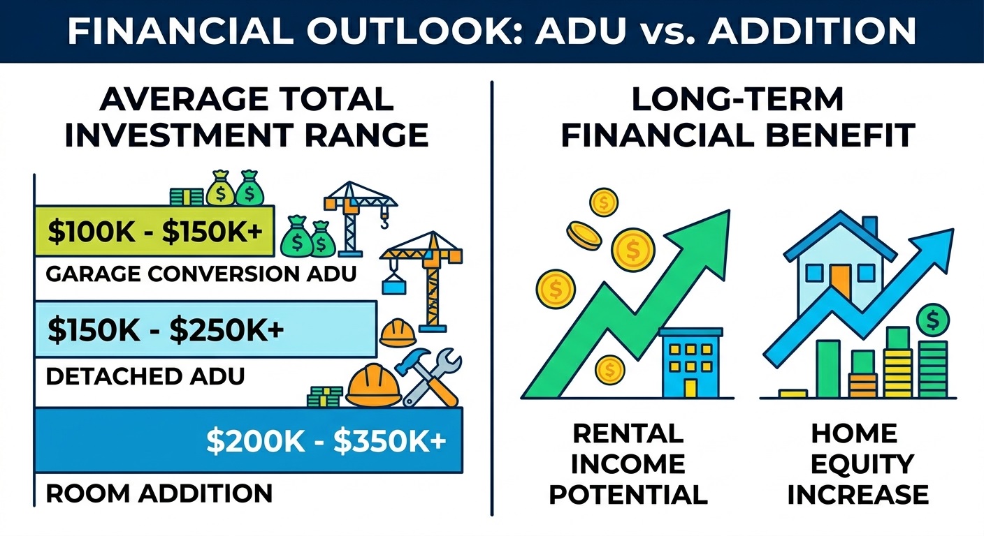 ADU vs Room Addition in Los Angeles - Costs, Value & Permits 3 An infographic bar chart comparing the average total investment and long-term financial benefits of ADUs versus room additions in Los Angeles.