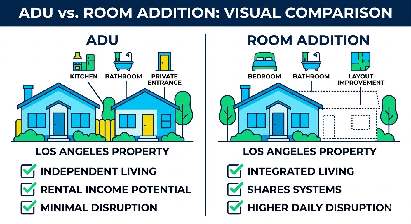 ADU vs Room Addition in Los Angeles - Costs, Value & Permits 2 A modern infographic comparison of an ADU and a Room Addition. The left side shows a separate ADU unit with rental income potential. The right side shows a room addition attached to the main house for integrated living.