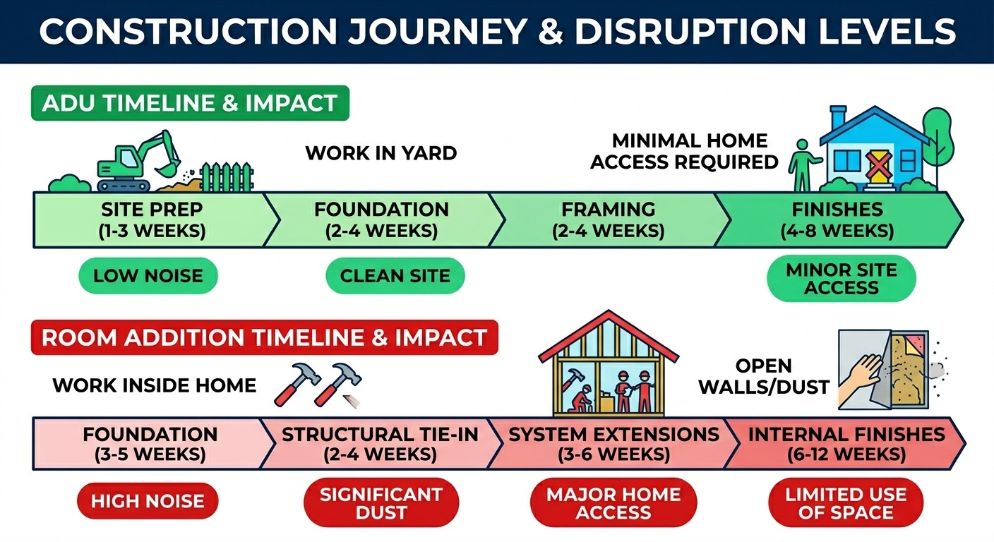ADU vs Room Addition in Los Angeles - Costs, Value & Permits 4 An infographic timeline comparing the construction phases and daily life disruption for ADU projects versus room additions, showing different stages and impacts.