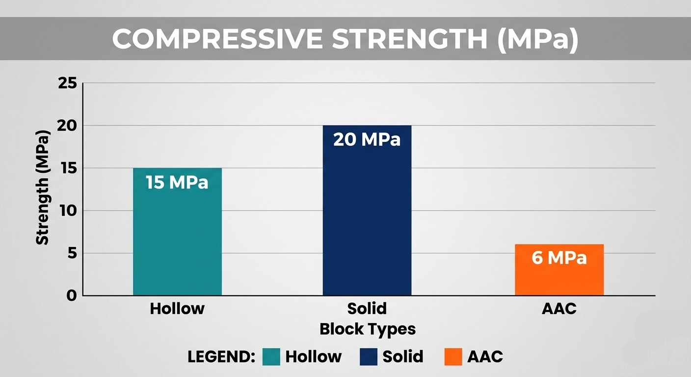 Types of Concrete Blocks in Construction - Uses, Sizes & CMU Guide 4 A bar chart comparing the compressive strength ranges of different concrete block types, with solid blocks showing the highest capacity.
