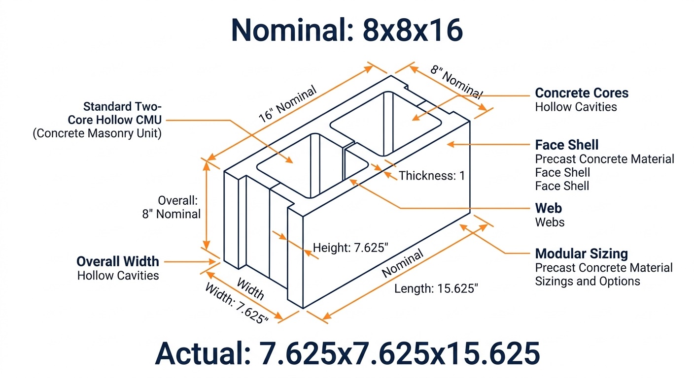 Types of Concrete Blocks in Construction - Uses, Sizes & CMU Guide 3 Technical drawing of a standard concrete masonry unit showing precise actual and nominal dimensions for height, width, and length.