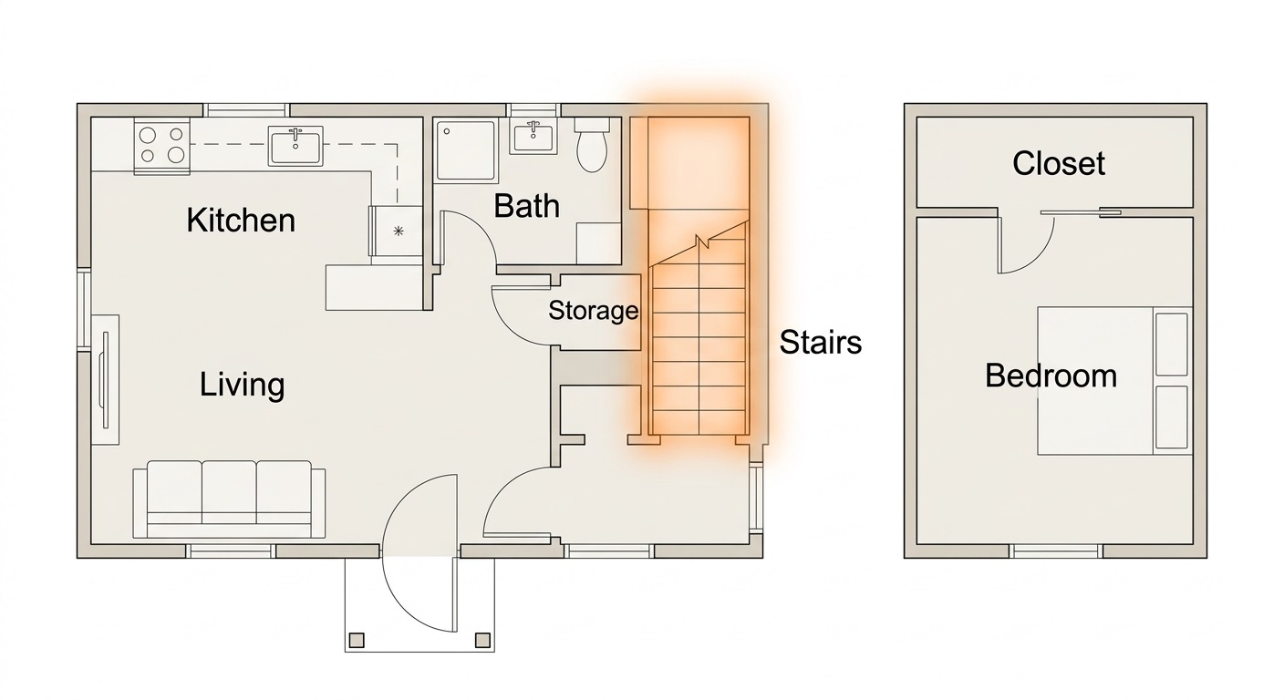 Avoid Two-Story ADU Mistakes in Los Angeles: 8 Critical Construction Errors 4 Top-down floor plan highlighting the 80 to 120 square foot area dedicated to a staircase in a compact ADU.