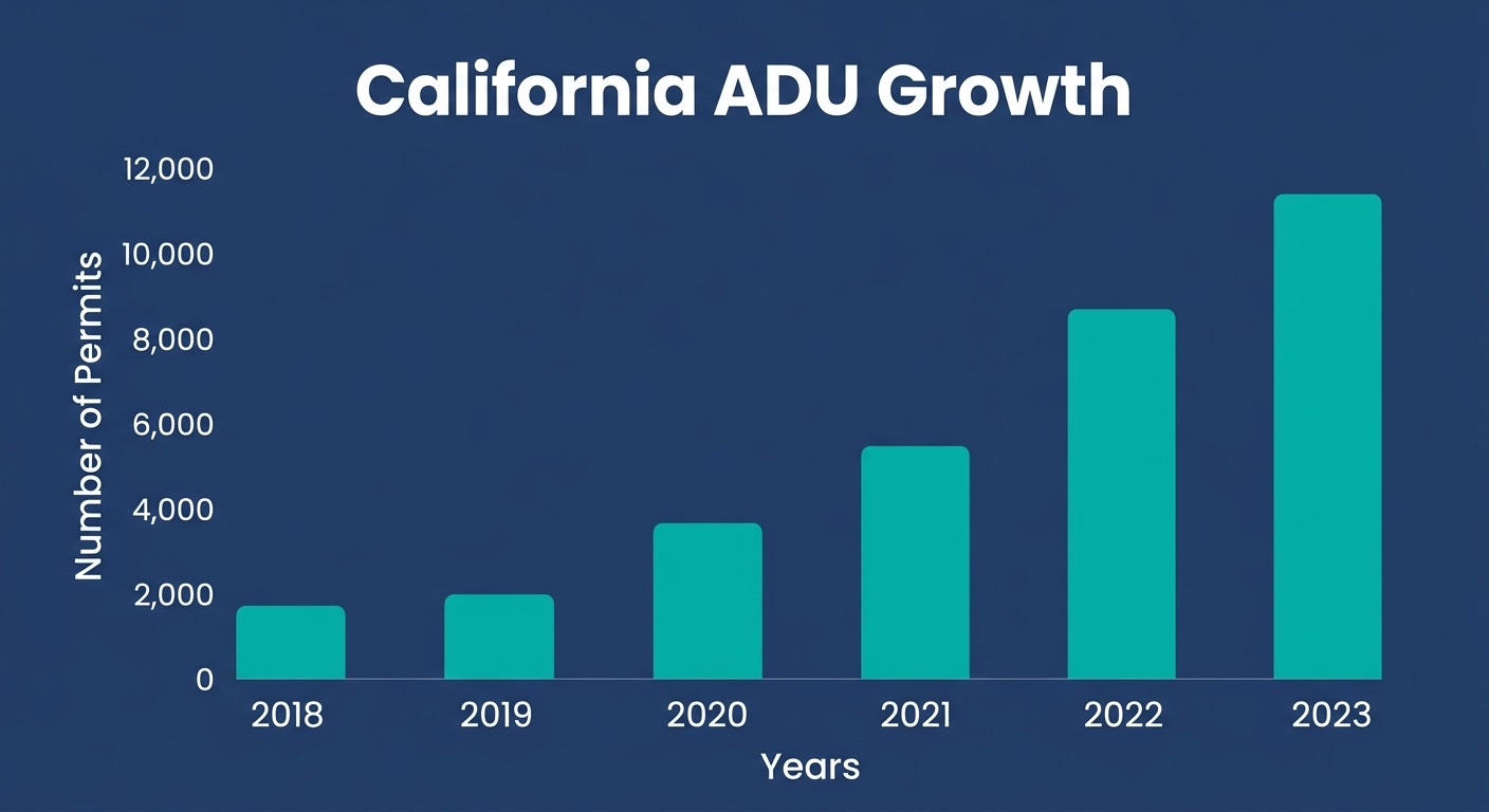 Avoid Two-Story ADU Mistakes in Los Angeles: 8 Critical Construction Errors 2 A bar chart showing the significant increase in ADU permit approvals in California over a multi-year period.