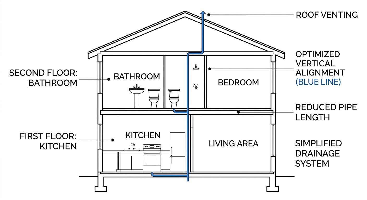 Avoid Two-Story ADU Mistakes in Los Angeles: 8 Critical Construction Errors 5 Architectural diagram showing vertically aligned plumbing fixtures in a two-story ADU to reduce pipe length.